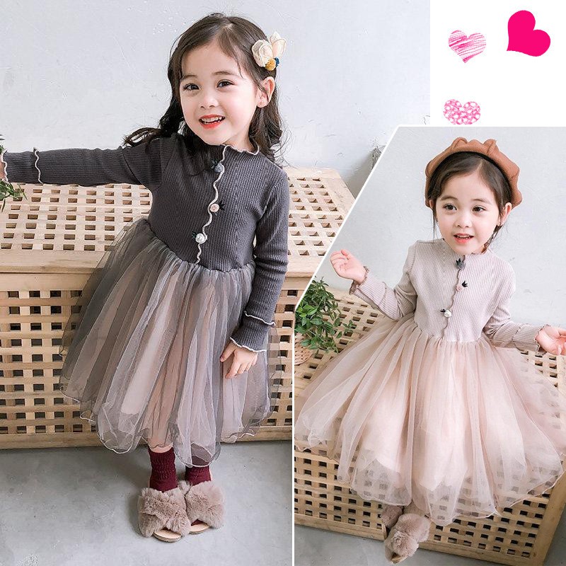 D255 váy đầm cho bé gái thời trang xuân thu váy len phối ren dáng xòe xinh xắn phong cách