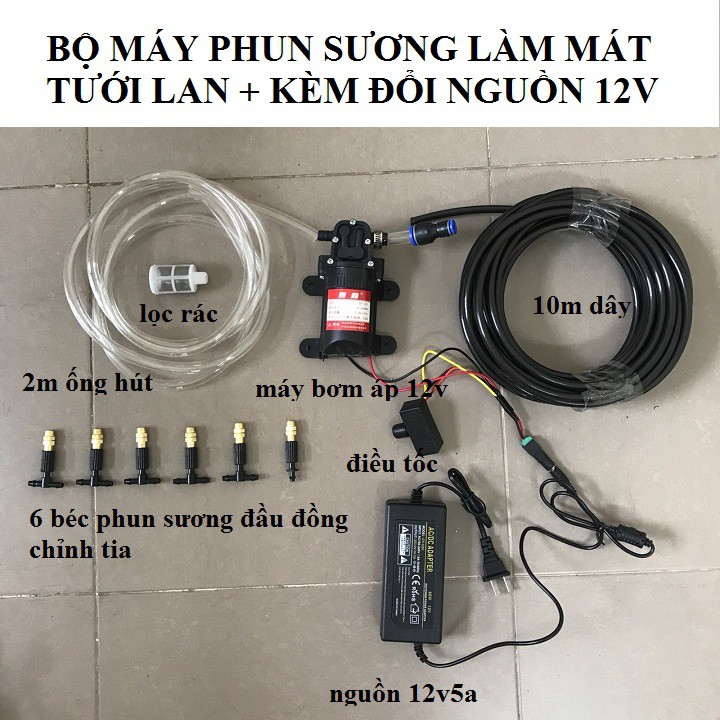 bộ máy bơm phun sương làm mát nhà xưởng,tưới lan kèm đổi nguồn 220v