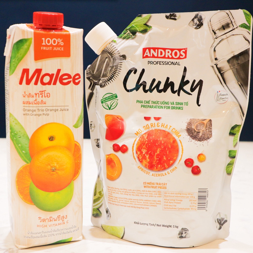 Bộ đôi Nước ép Cam Malee chai 1L và sinh tố Chunky Mơ sori hạt chia 1kg. Hàng công ty có sẵn giao ngay