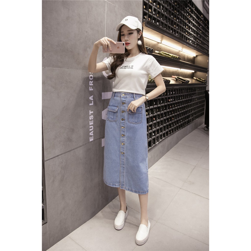 [CAO CẤP_TRỢ SHIP] Chân váy jean dài cài nút 2 túi C138 dáng suông, phối túi, vải jeans dày không co dãn