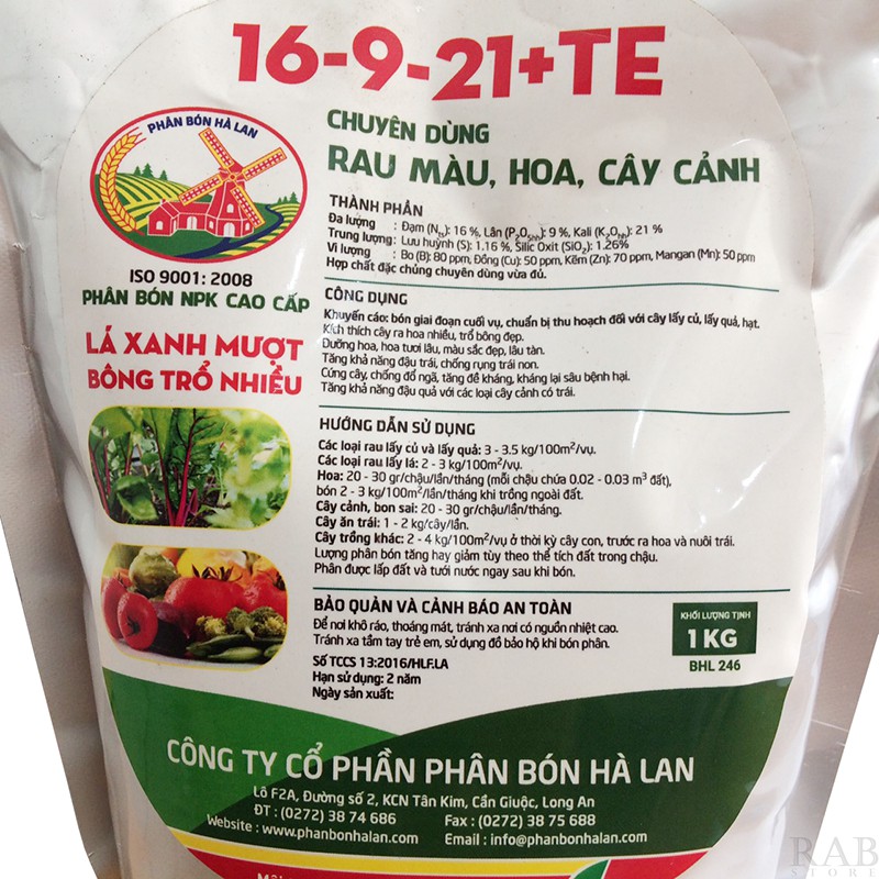 Phân bón NPK Hà Lan 16-9-21+TE thúc phát tán ra hoa đậu quả cho cây trồng, gói 1kg