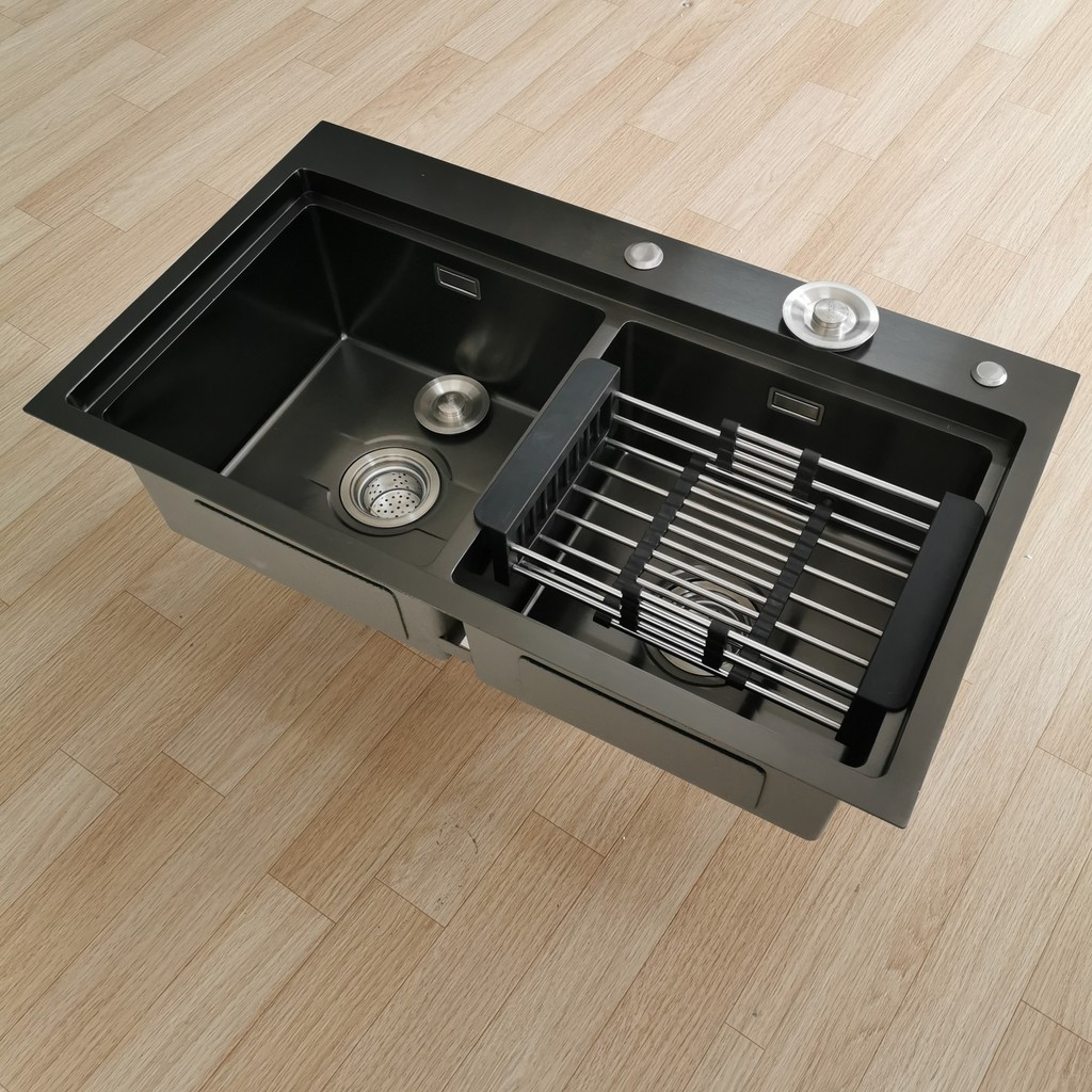 Chậu bồn rửa bát chén 2 hố inox 304 nano đen dày 3.3mm giật cấp hàng chính hãng bảo hành 24 tháng .