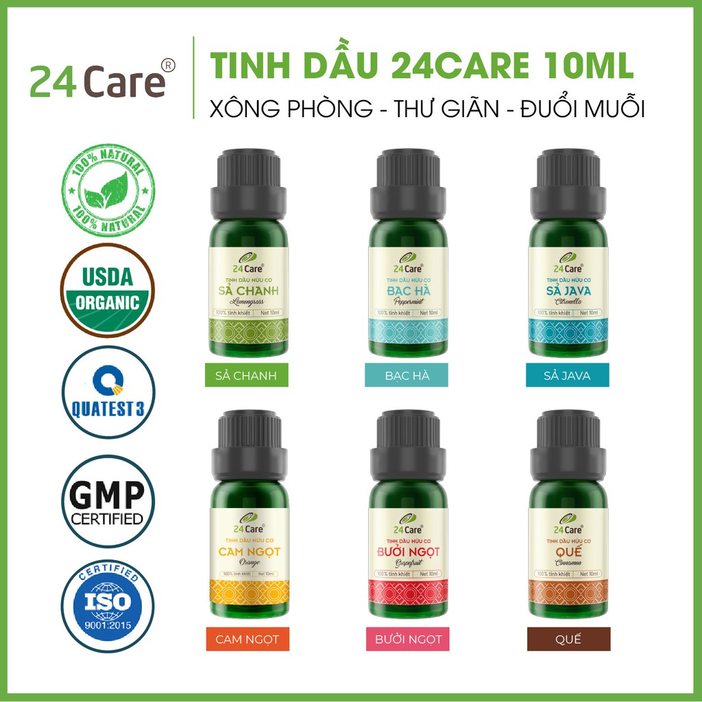 Tinh dầu 24Care nguyên chất 10ml - xông thơm phòng, khử mùi, xua đuổi côn trùng