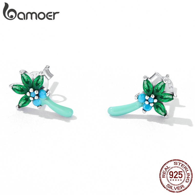 Khuyên tai/ Nhẫn BAMOER bạc 925 đính đá ngọc lam nhân tạo phong cách đơn giản thời trang dành cho nữ