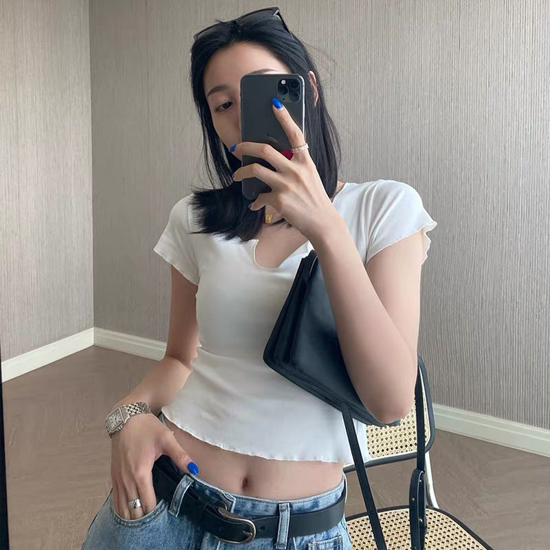 COZOK Áo thun croptop COZOK ngắn tay cổ chữ V thời trang cho nữ