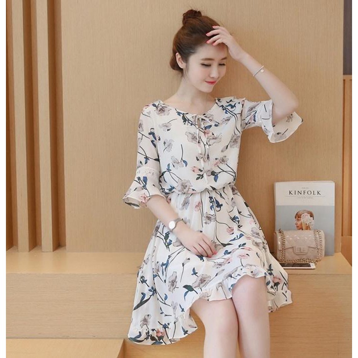 Đầm xòe hoa 1 vải thun poly thời trang nữ