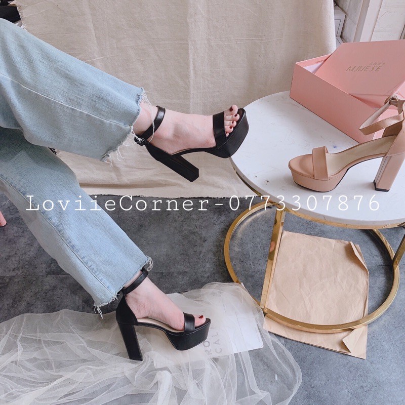 LOVIIECORNER- GIÀY SANDAL CAO GÓT 11 PHÂN ĐẾ ĐÚP - SANDAL CAO GÓT 11 PHÂN QUAI NGANG MŨI ĐÚP ĐẾ VUÔNG 11CM - KEM G201071