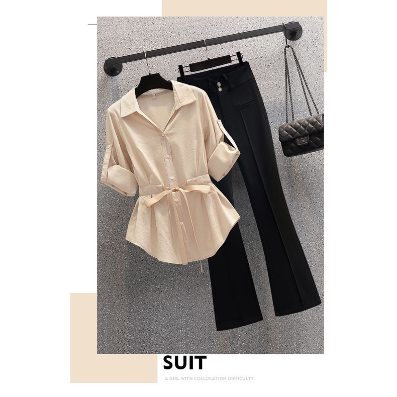 Women's fashionable waist-covered short-sleeved shirt + casual micro-trousers two-piece suit