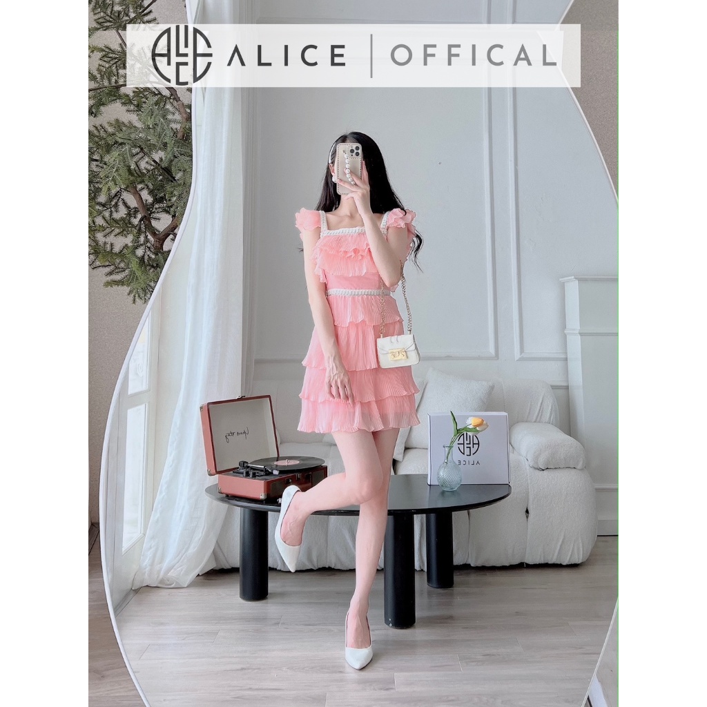 Đầm Tiểu Thư Dáng Xòe ALICE Chất Tơ Mềm Lót Lụa Thiết Kế Chân Váy Dập Li 4 Tầng Tay Cánh Tiên V796