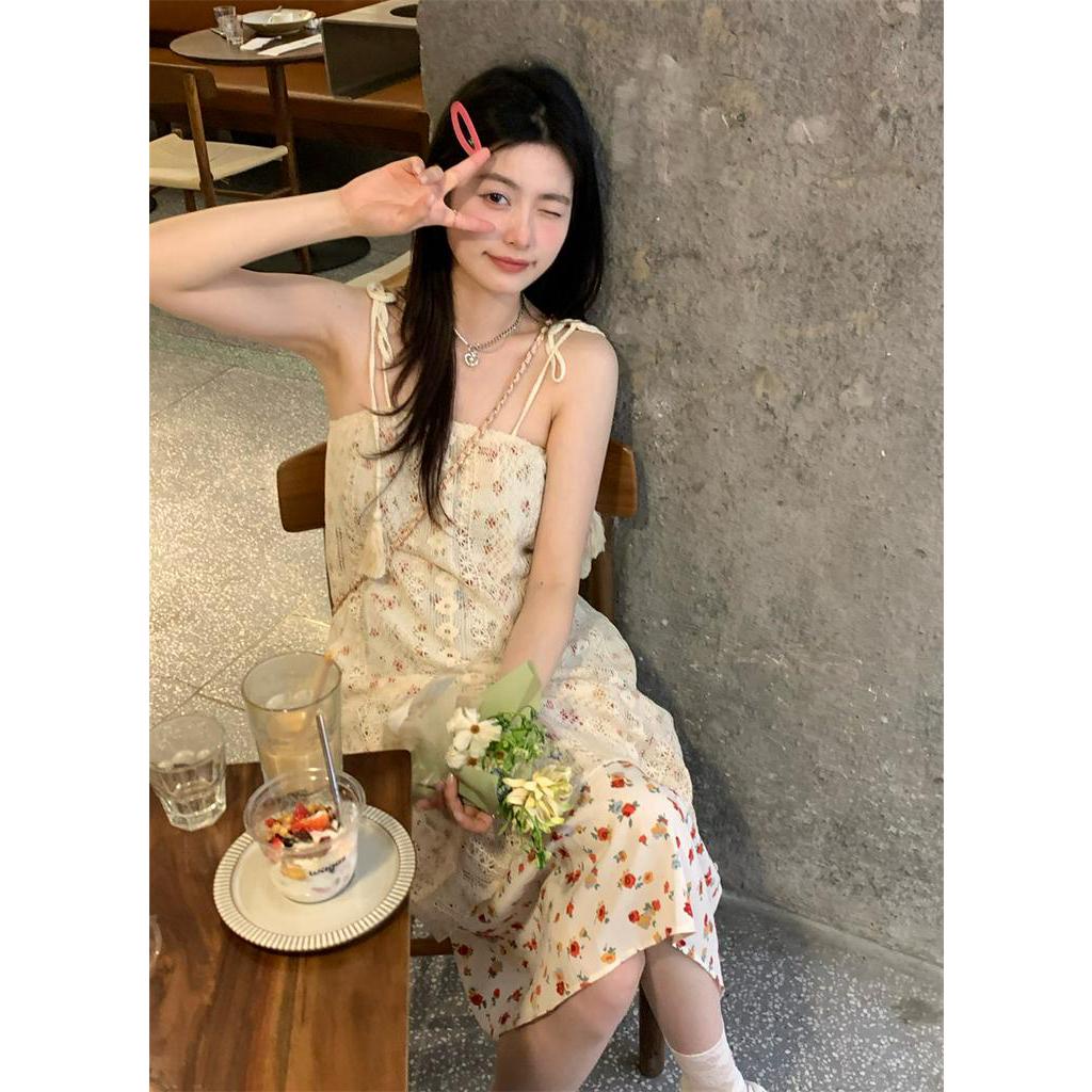 Bộ Đầm Hai Dây Phối Ren Và Áo Khoác Ren Lưới Tua Rua Thời Trang Đi Biển Sành Điệu 63494