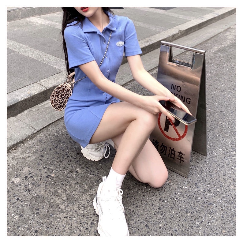 Đầm tay ngắn cổ bẻ phong cách Hàn Quốc thời trang trẻ trung năng động cho nữ