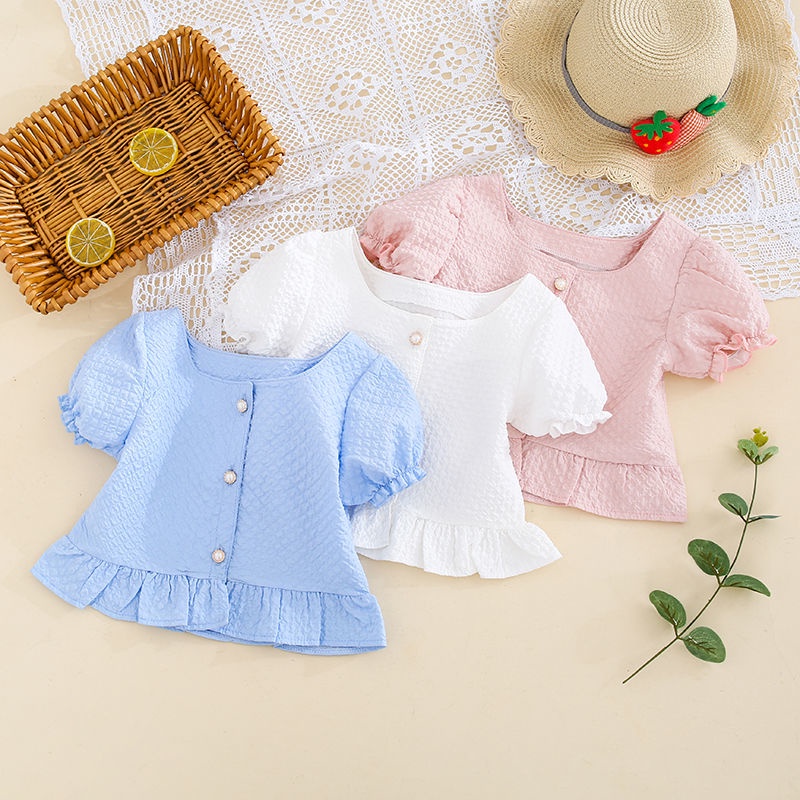 Áo Thun Tay Phồng Ngắn Phối Nút Phong Cách Hàn Quốc Cho Bé Gái