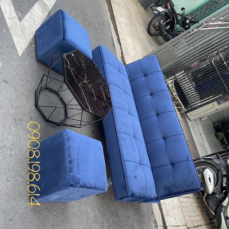 Nguyên bộ bàn ghế Sofa Bed Phòng Khách Màu Xám có bàn Kim Cương Đen mặt kiếng cường lực