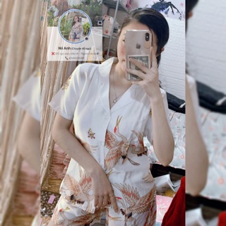 Bộ Lụa Satin Đùi Hoạ Tiết Chim Phượng
