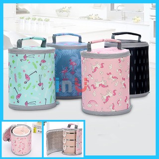 HCM - Túi giữ nhiệt cho hộp cơm tròn 3 khay họa tiết Hạc, Ngựa Pony, Lá cây