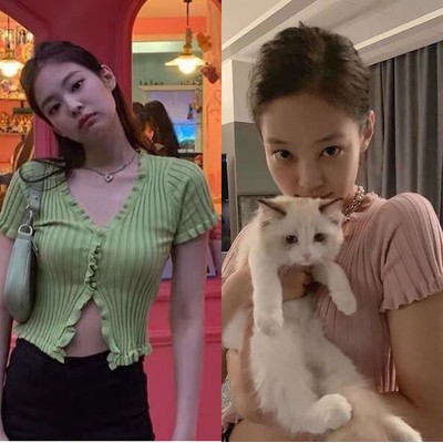 Áo dệt kim tay ngắn thiết kế xẻ trước phong cách Jennie BLACKPINK điệu đà thời trang cho nữ