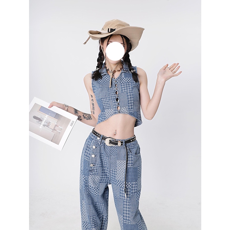 Set Áo Quần Denim Ống Rộng Thời Trang Mùa Hè 2022 Cho Nữ