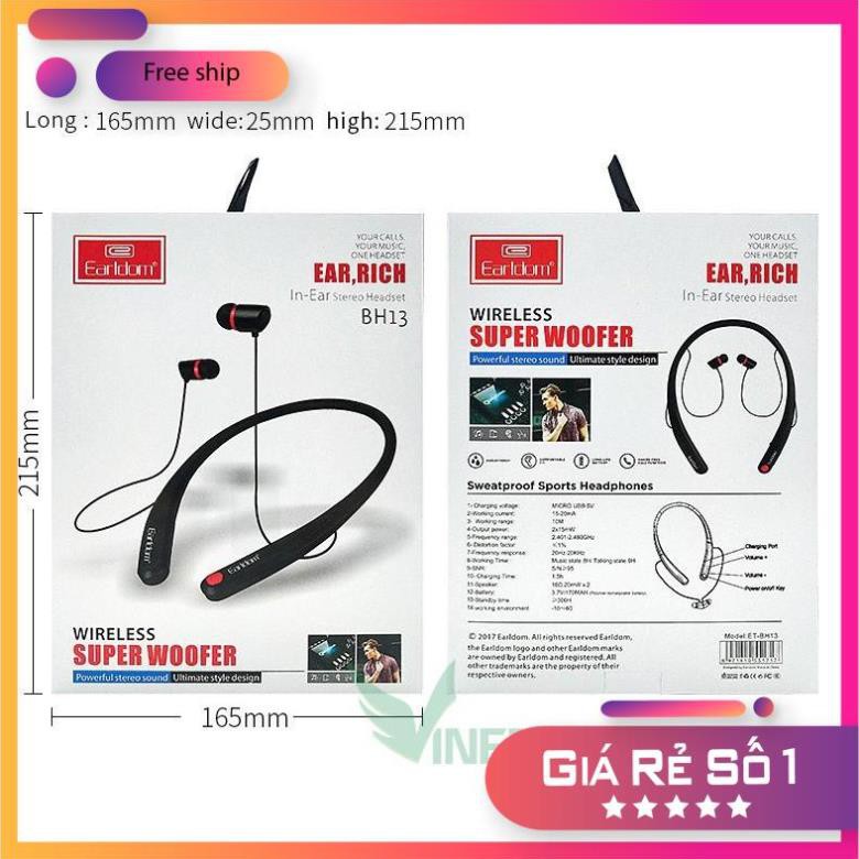 Tai nghe Bluetooth thể thao Chạy Bộ Đeo Cổ siêu Bass Earldom BH13 Kết Nối không dây Chắn Chắn Pin Trâu Bảo Hành 12 Tháng