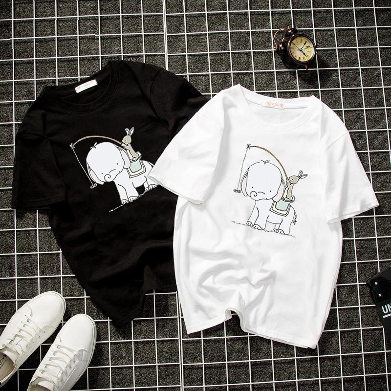 Áo thun Unisex form rộng thỏ và voi dễ thương Hàn Quốc vải dày mịn 2019T1518