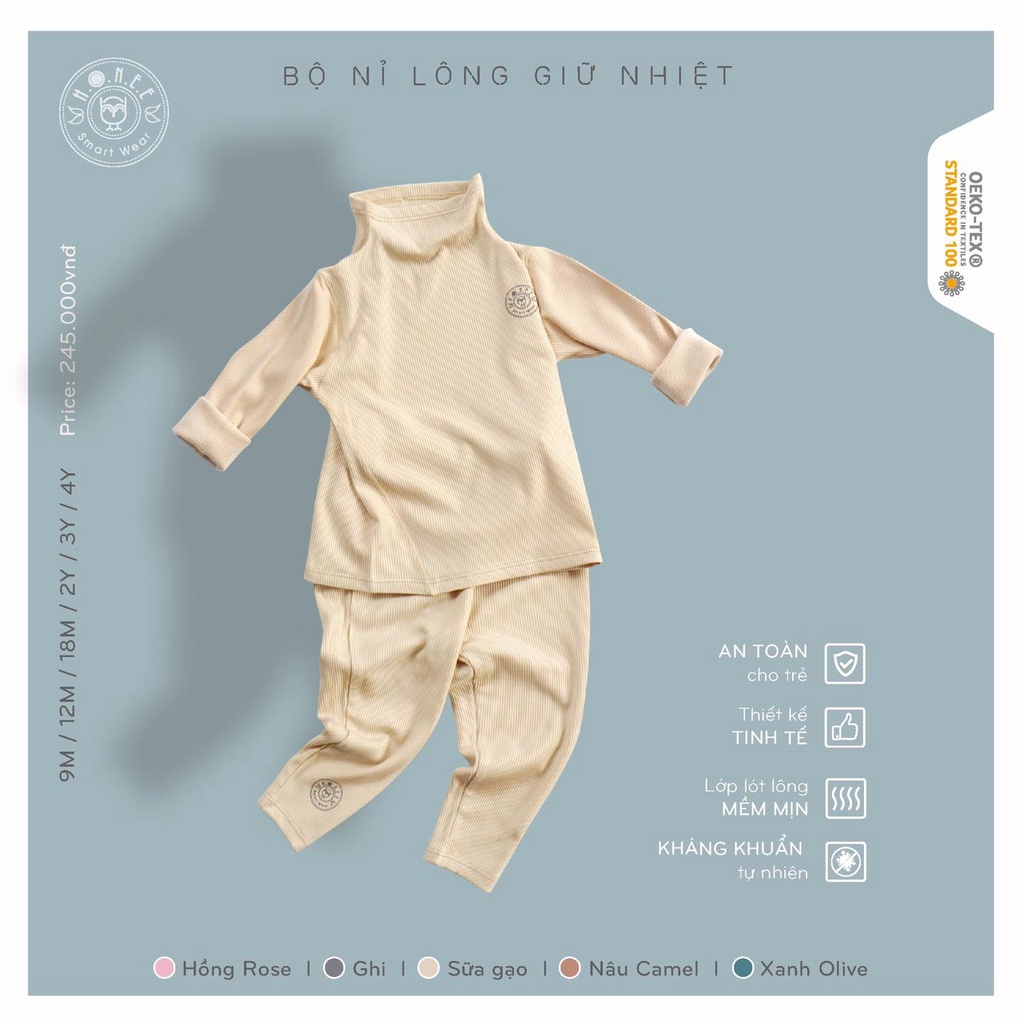 Bộ quần áo nỉ lông giữ nhiệt Hrnee chính hãng (6m-4y)