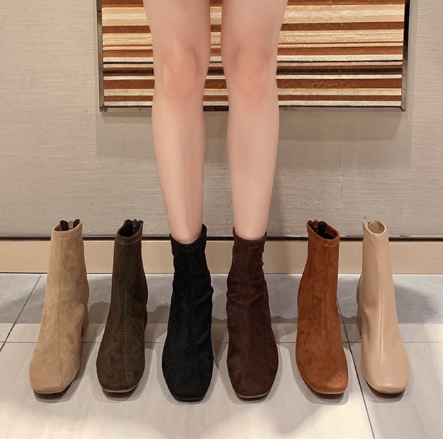 Boots nữ cổ ngắn da lộn gót vuông cao 6cm có khoá kéo