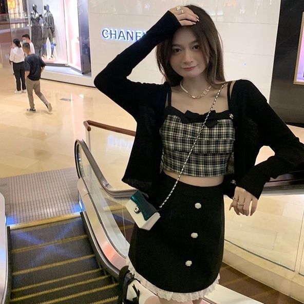 Áo hai dây ZHELIHANGFEI vải dệt kim ngắn thắt nơ họa tiết ca rô