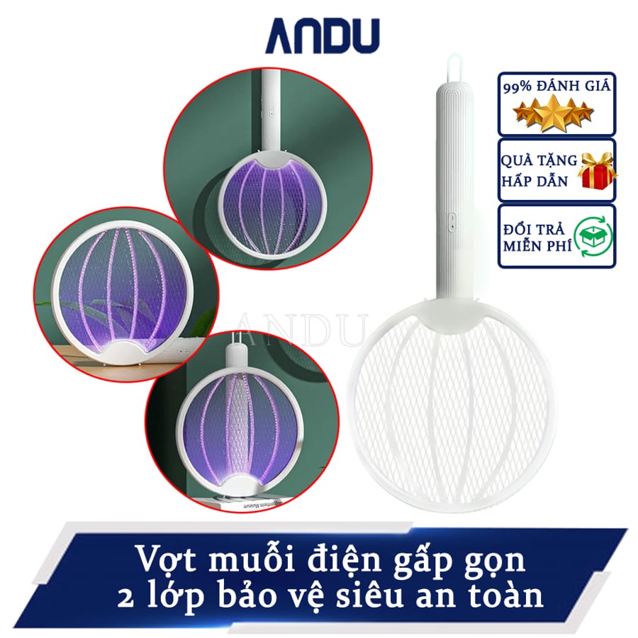 Vợt Bắt Muỗi Thông Minh Gấp Gọn 2 In 1 Kiêm Đèn Bắt Muỗi Tự Động Ban Đêm Gấp Gọn, 2 Lớp Lưới Bảo Vệ An Toàn Có Bảo hành