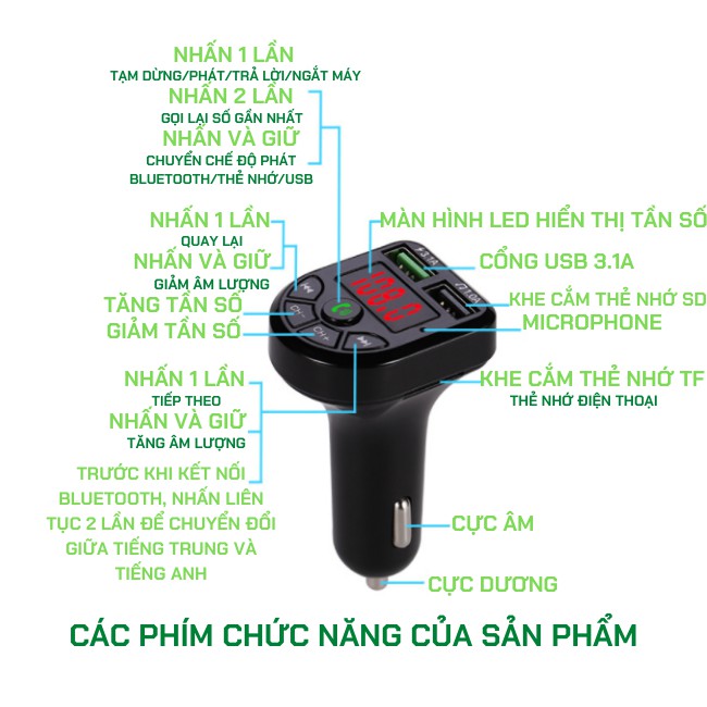 Tẩu, Cốc Sạc MP3 Dành Cho Ô Tô Kết Nối Bluetooth, Nghe Nhạc, Sạc Pin, Điện Thoại Rảnh Tay