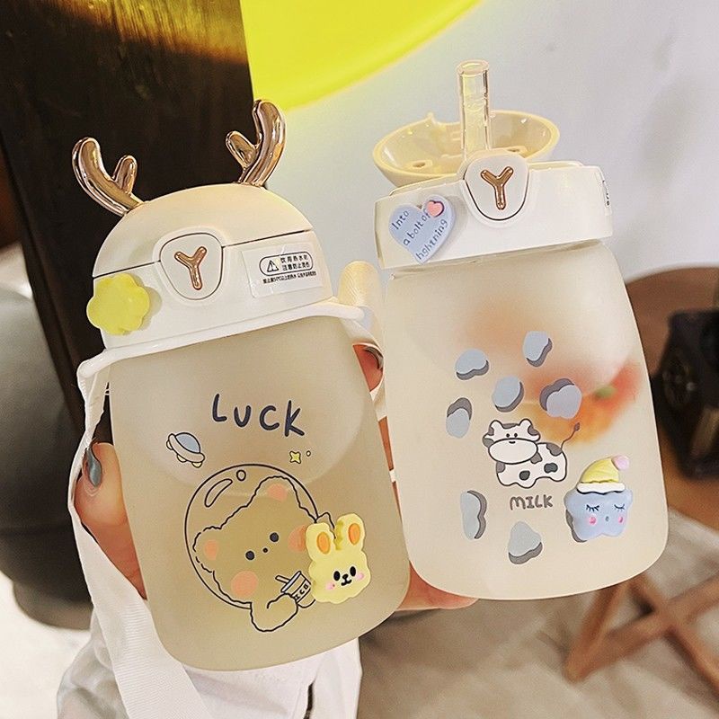 Bình Nước Thủy Tinh Có Ống Hút Dễ Thương Xinh Xắn Dành Cho Người Lớn Và Trẻ Em