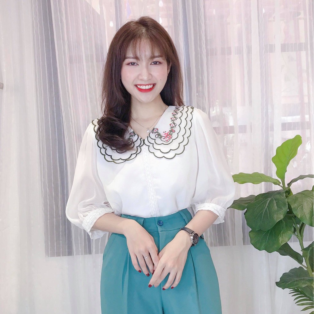 Áo sơ mi voan tơ cổ thêu tay phồng tiểu thư CHUU A6859