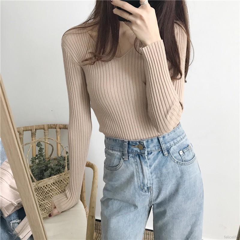 Áo Len Tay Dài Cổ Chữ V Thời Trang Cho Nữ