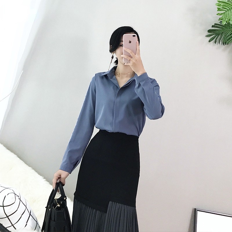 Áo sơ mi công sở nữ đẹp kiểu Hàn Quốc form rộng tay dài chất lụa cao cấp màu Trắng Be Đen Xanh HSU
