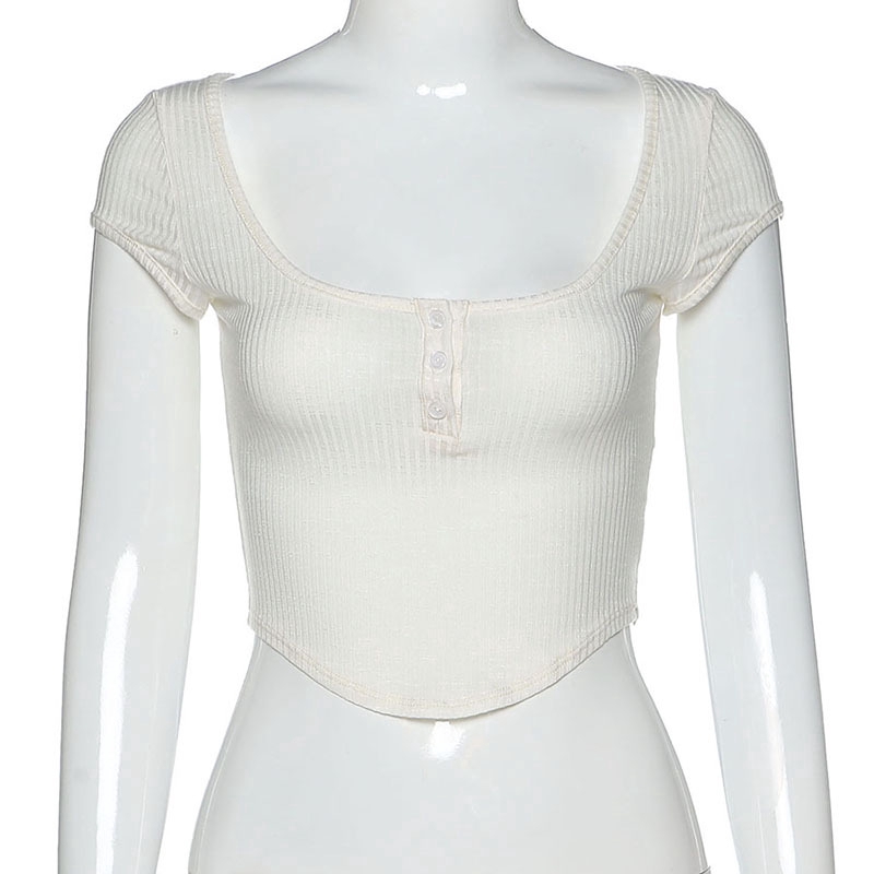 DUNEA Áo thun tay ngắn cổ U cài nút ngực dáng ôm màu trơn quyến rũ cho nữ