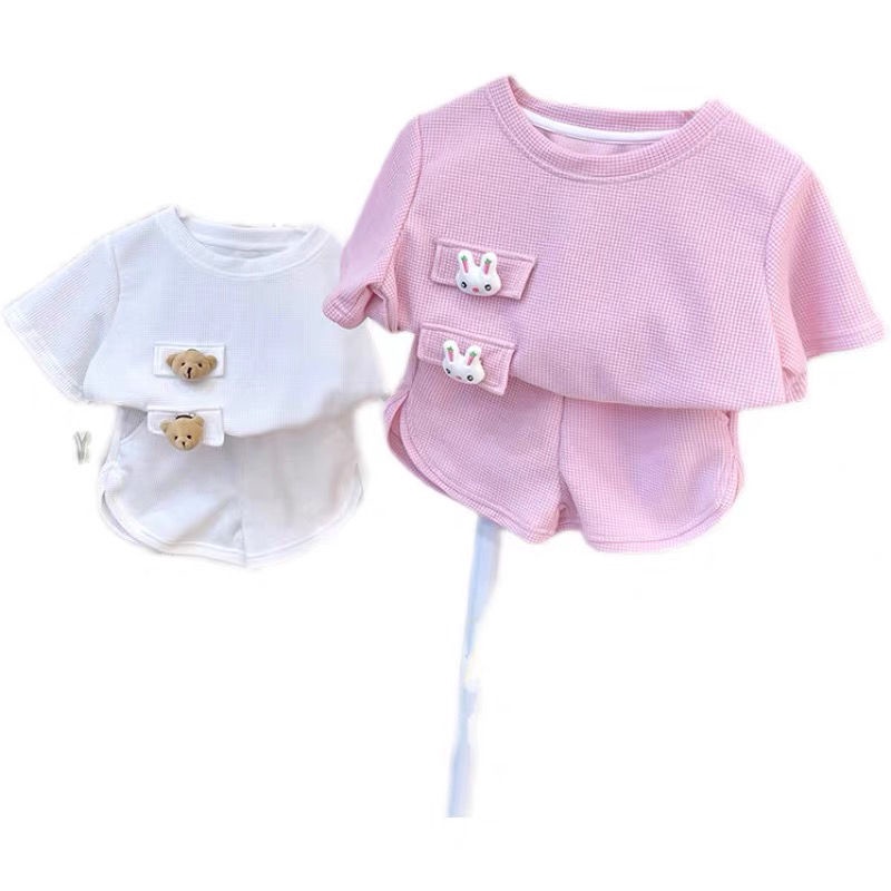 Set Đồ Mùa Hè 2 Món Tay Ngắn Màu Hồng Phong Cách Hàn Quốc Mới Cho Bé Gái 0-7 Tuổi