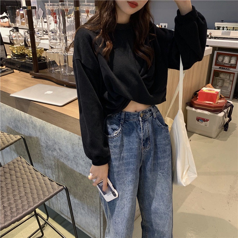 Áo sweater SUXI tay dài dáng rộng đơn giản phong cách Hàn Quốc thời trang dành cho nữ