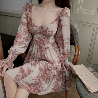 Đầm maxi, đầm đi biển dài tay cổ vuông dây rút kiểu dáng sang trọng gợi cảm cao cấp