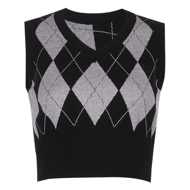 Áo len gile nữ croptop họa tiết kẻ caro phong cách Hàn Quốc