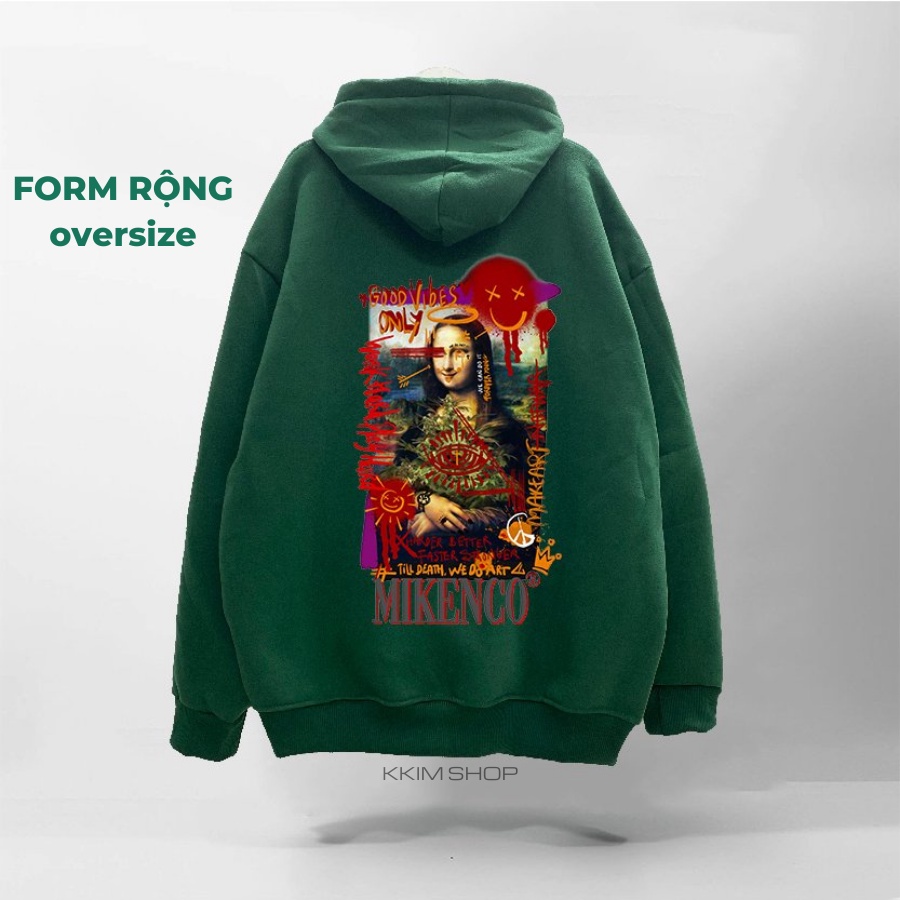 Áo Nỉ HOODIE MIKENCO MONA LISA AR, Áo hoodie XANH LÁ unisex nam nữ form rộng oversize chất liệu Nỉ bông cao cấp
