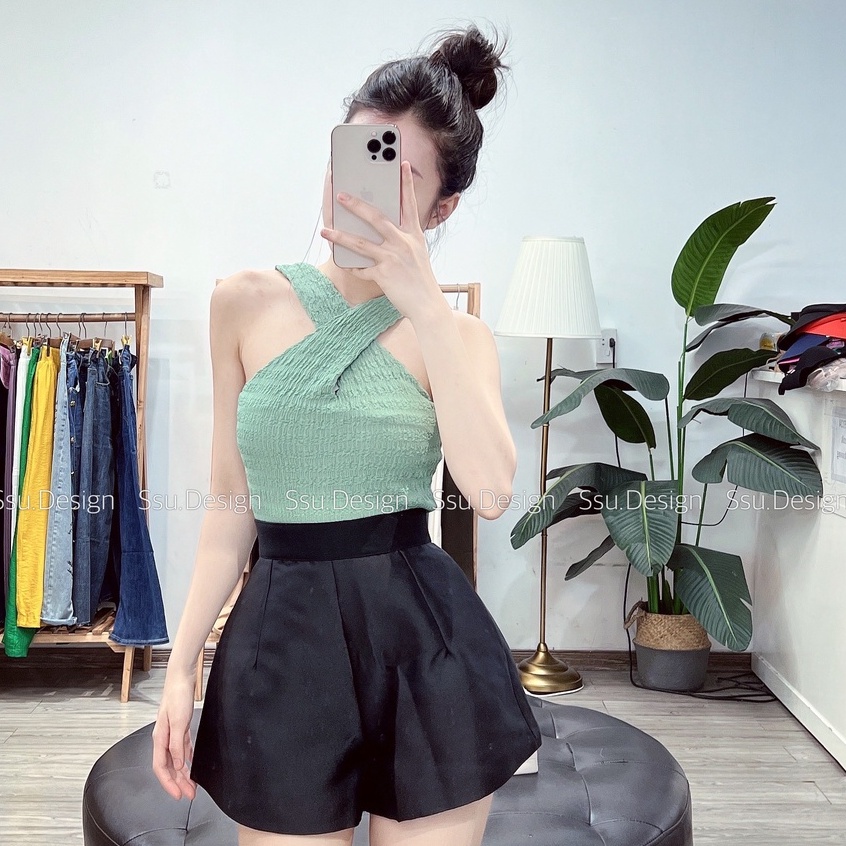 Áo hai dây LINH RUBI STORE cổ chéo chất xốp nhăn mềm mát co giãn tốt A093