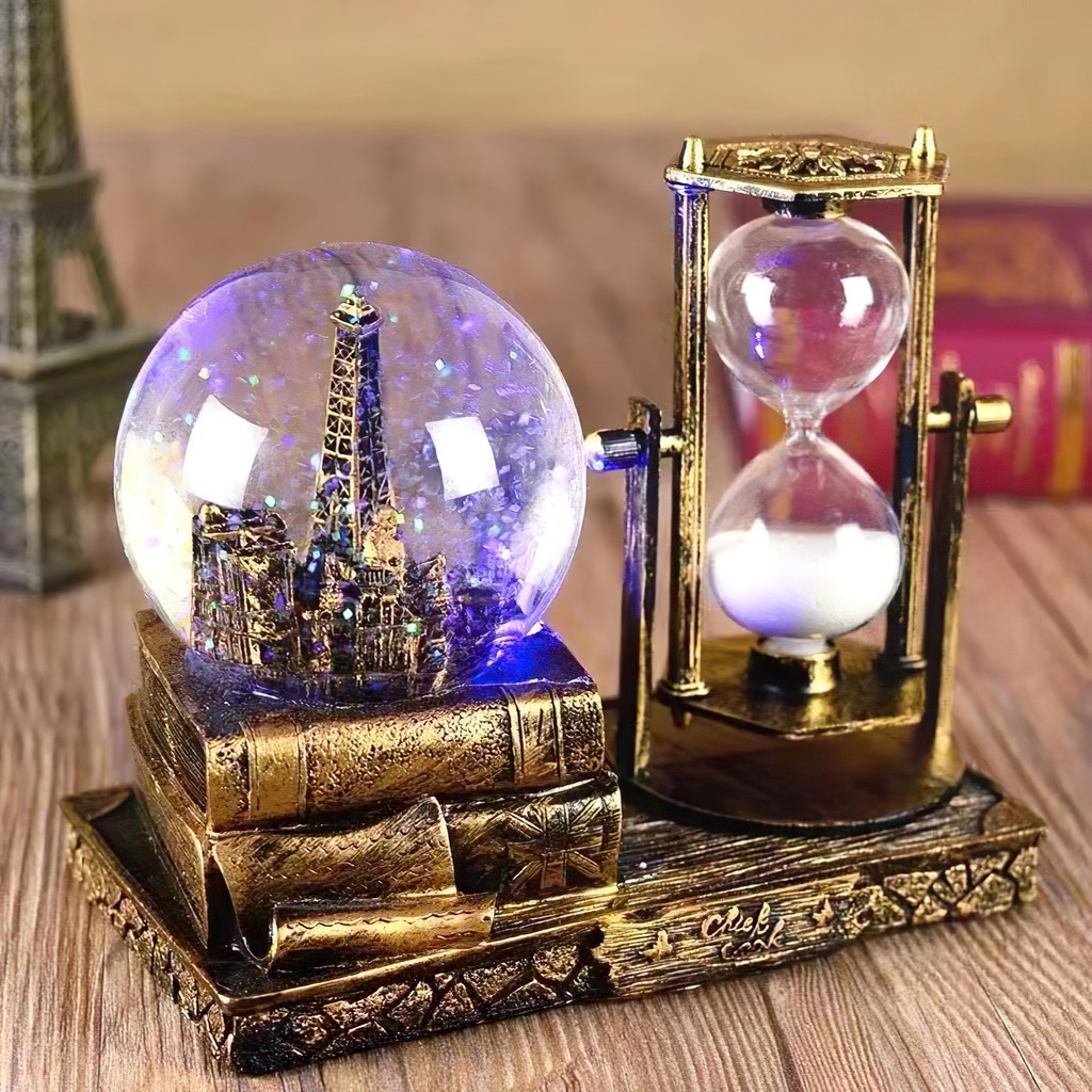 Quả cầu tuyết pha lê mô hình tháp phát sáng và đồng hồ cát, quà tặng trang trí độc đáo - Winz.vn
