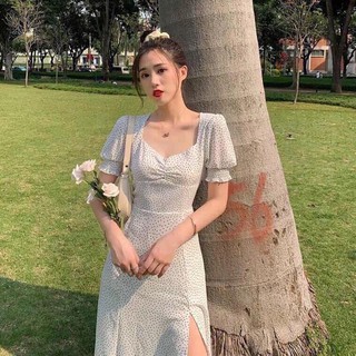 Váy trắng chấm bi xẻ tà kèm ảnh thật