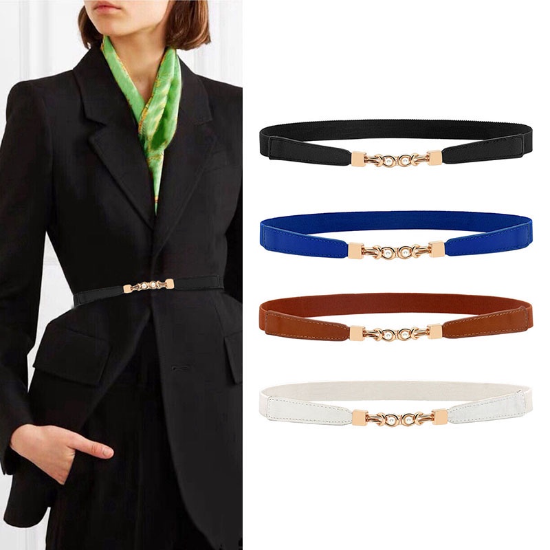 Thắt Lưng Co Giãn Màu Đen / Nâu Đính Ngọc Trai Dành Cho Nữ