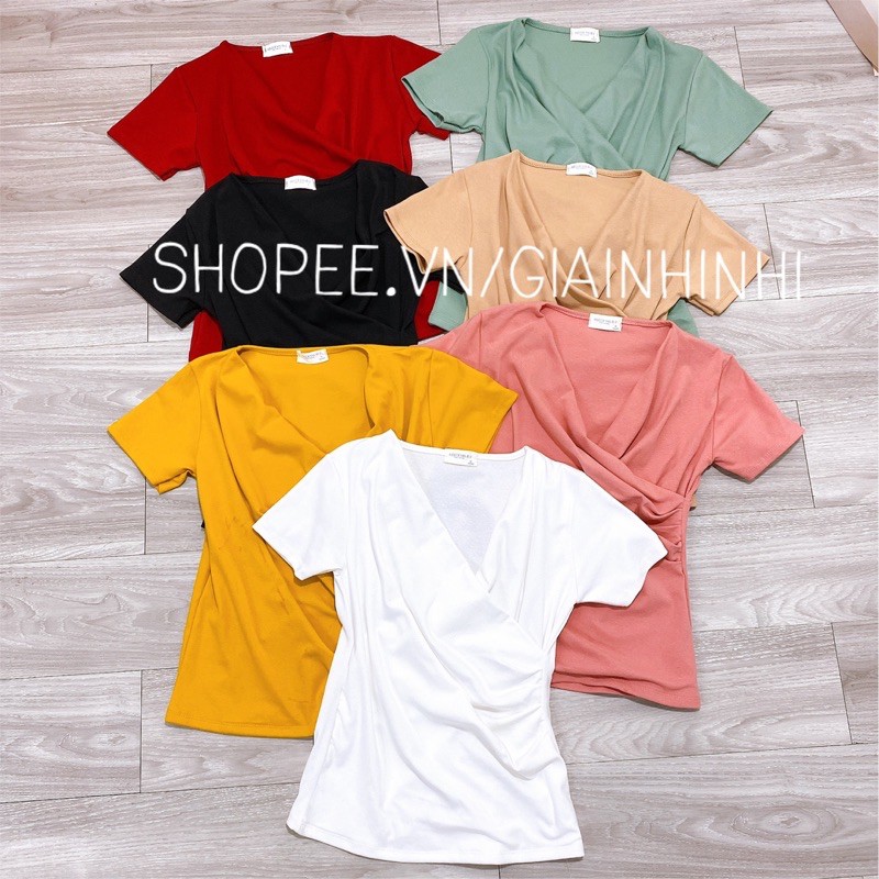 Áo thun cổ chéo ngắn tay, Áo kiểu cổ chéo tay cộc vải cotton co giãn CS1102 - NhiNhiShop | BigBuy360 - bigbuy360.vn