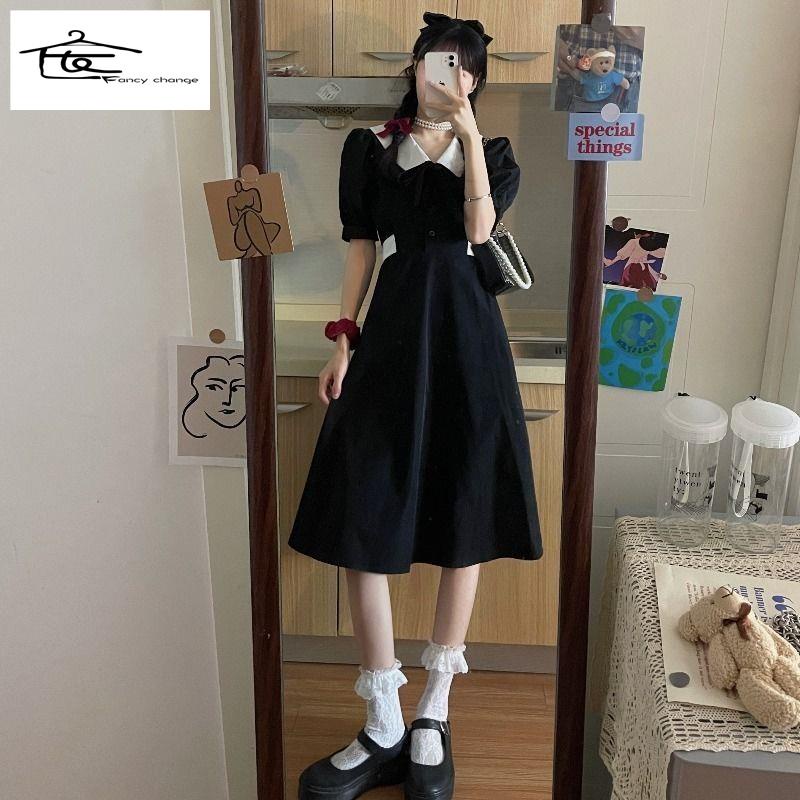 Hàng Có Sẵn Bán Chạy~Đầm Tay Phồng Dài Ôm Eo Màu Đen Kiểu Hàn Quốc Thời Trang Mùa Hè Cho Nữ