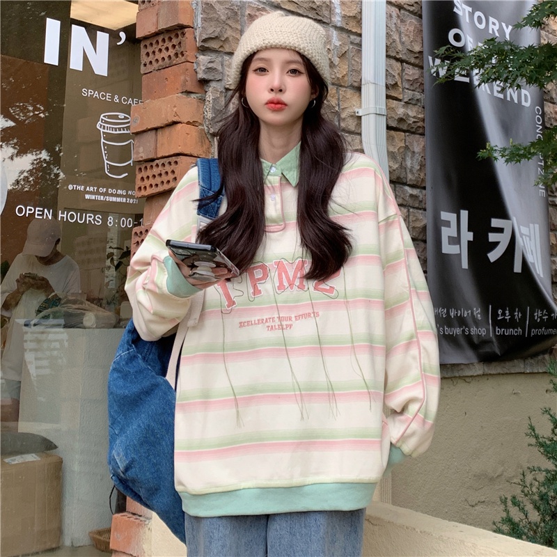 SUXI Áo Thun POLO Dài Tay Họa Tiết Kẻ Sọc Thời Trang Thu Đông Đơn Giản Cho Nữ