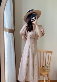 ĐẦM MIDI NUDE TAY PHỒNG (KÈM HÌNH THẬT)