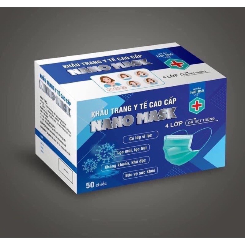 KHẨU TRANG Y TẾ CAO CẤP NANO MASK CHÍNH HÃNG HỘP 50 CHIẾC 4 LỚP DÀY DẶN, KHÁNG KHUẨN TỐT