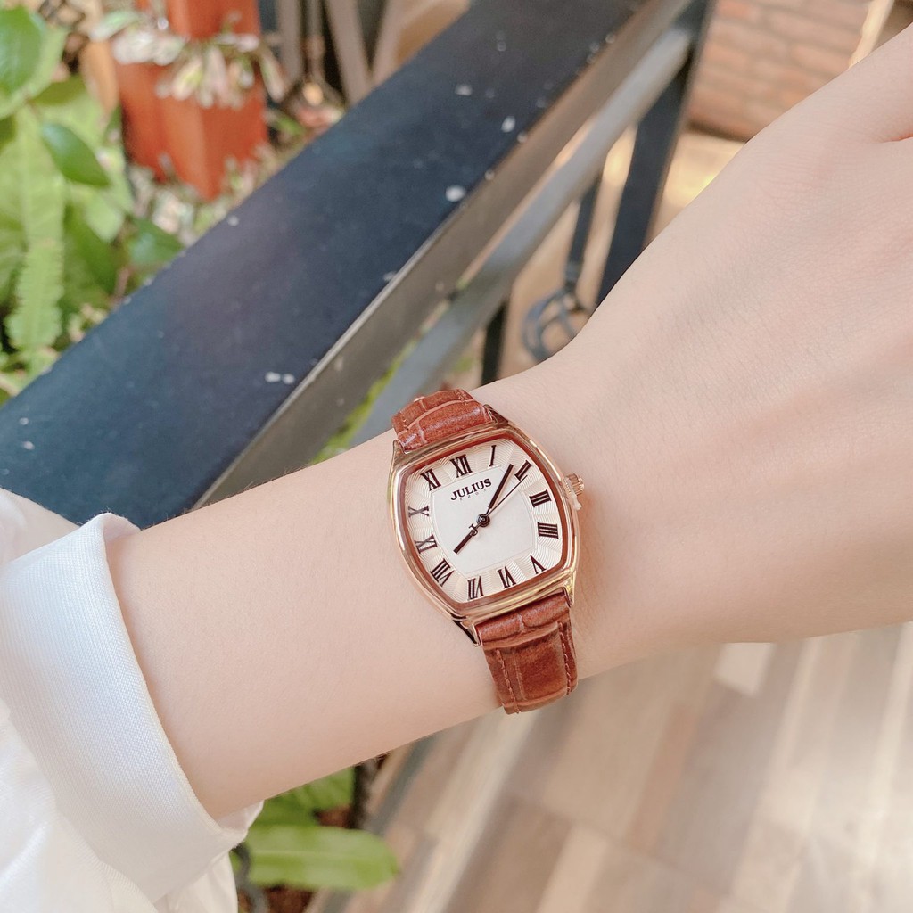 Combo đồng hồ nữ Ja-1242 Julius Hàn Quốc dây thép tặng kèm dây da nâu