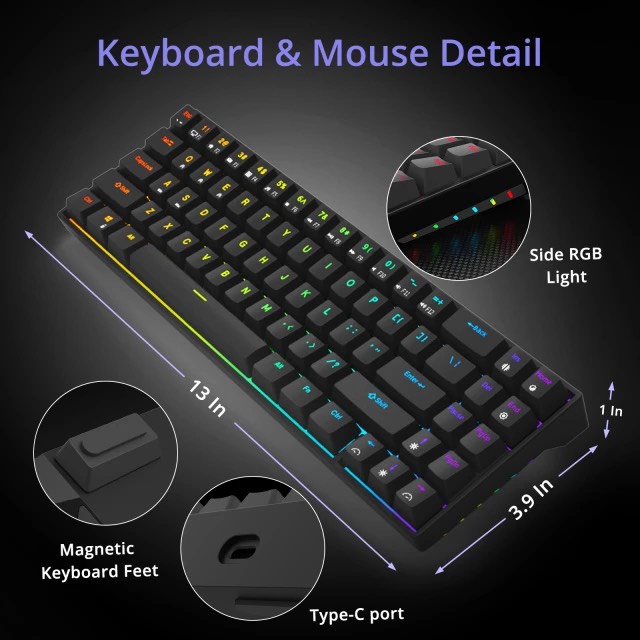 HOTSWAP Bàn phím cơ Royal Kludge RK71 RGB không dây mini 71 phím , kết nối Wireless 2.4Ghz - Bluetooth 5.1 - Cáp Type C