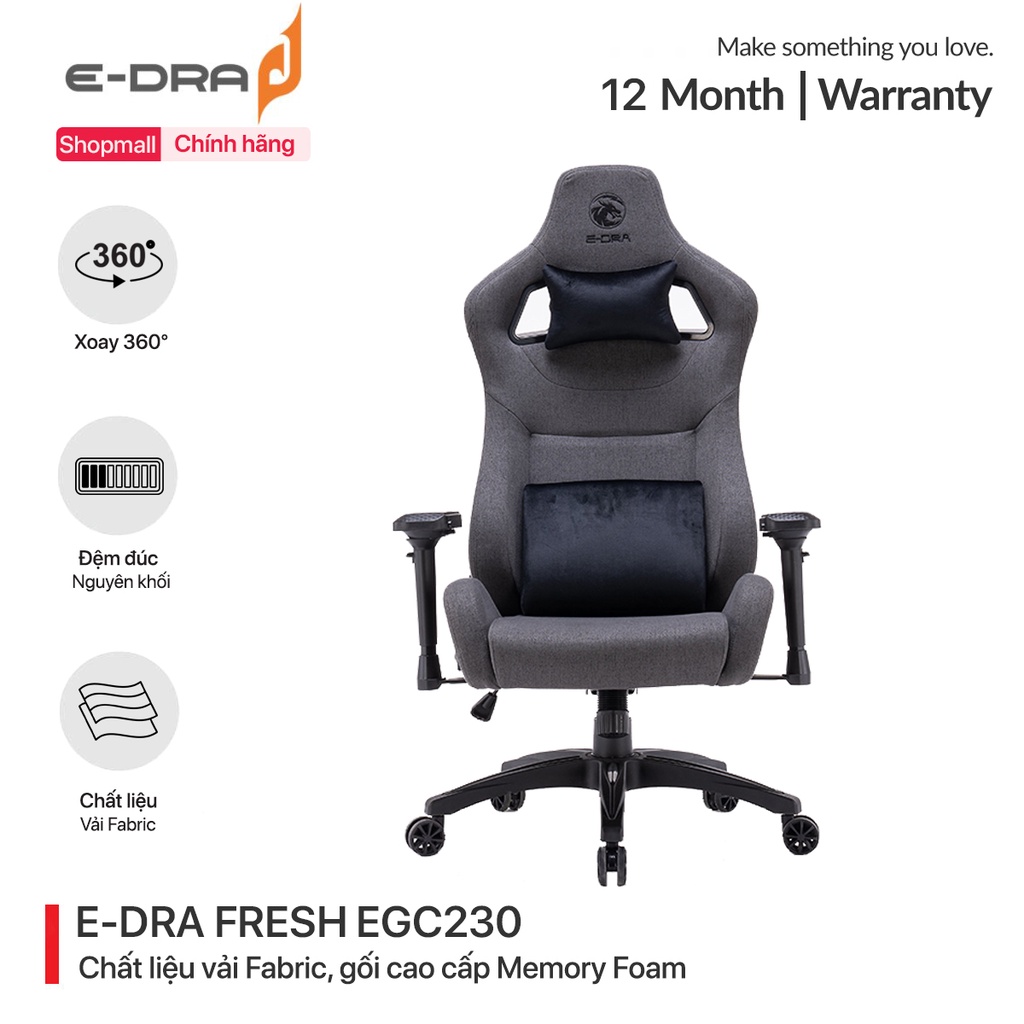 Ghế chơi game cao cấp E-dra Fresh EGC230 - Vải Fabric - Đệm cao su nguyên khối - Gối cao cấp Memory Foam